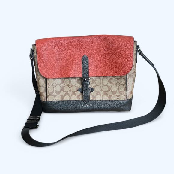 Coach Hudson Messenger Bag in Colorblock Terracotta Khaki Signature Leather - Picture 1 of 16